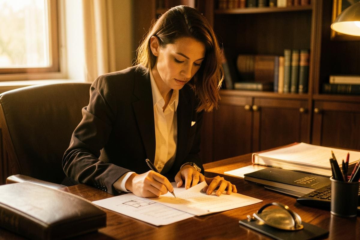 Advogada reconstruindo o histórico de compradores de um imóvel com documentos espalhados