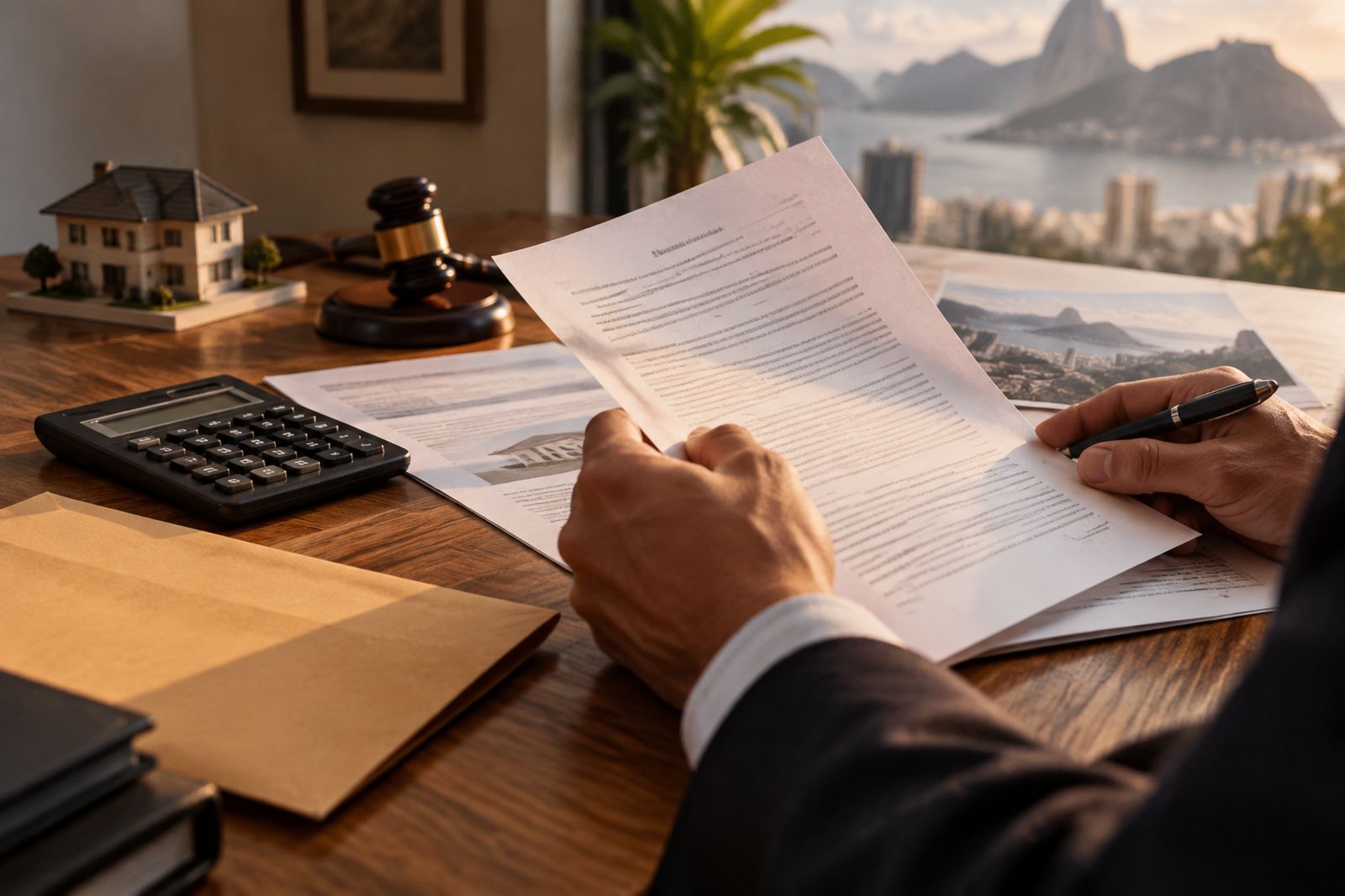 Mãos conferindo documentos de financiamento e leilão ao lado de calculadora e envelope.