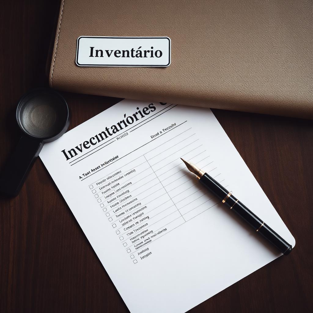 Pasta de inventário com lupa, caneta tinteiro e lista de bens em mesa