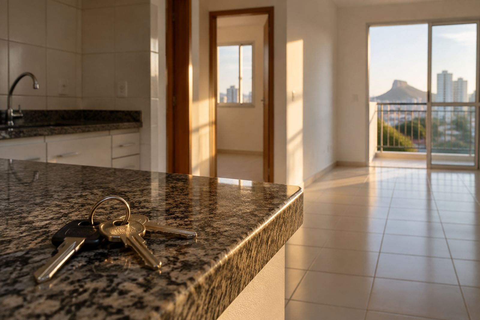 Chaves sobre bancada de cozinha em apartamento vazio com luz natural.