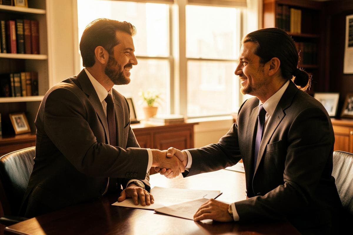 Advogado e cliente decidindo iniciar a regularização do imóvel