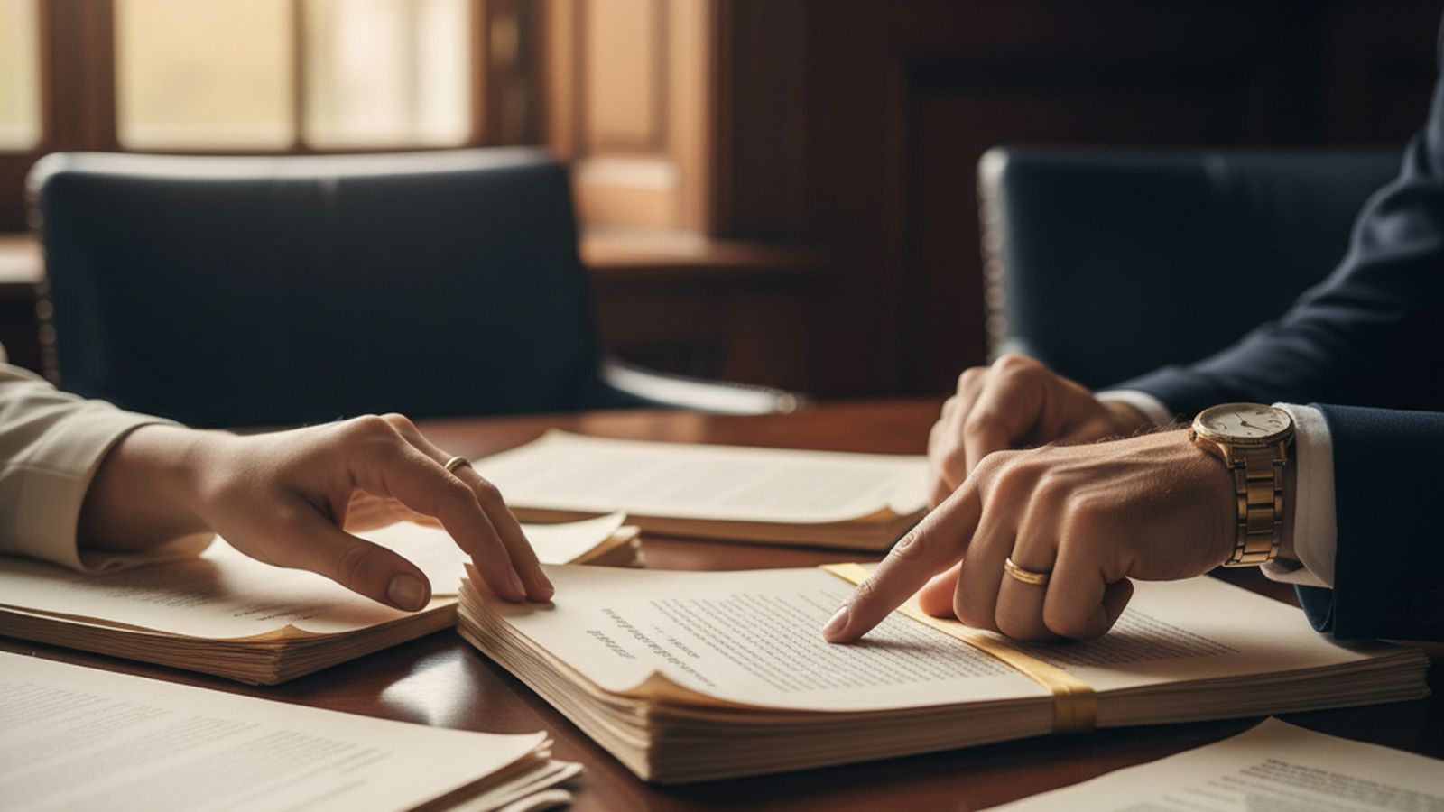 Ilustração: viúva revisando documentos de meação com advogado