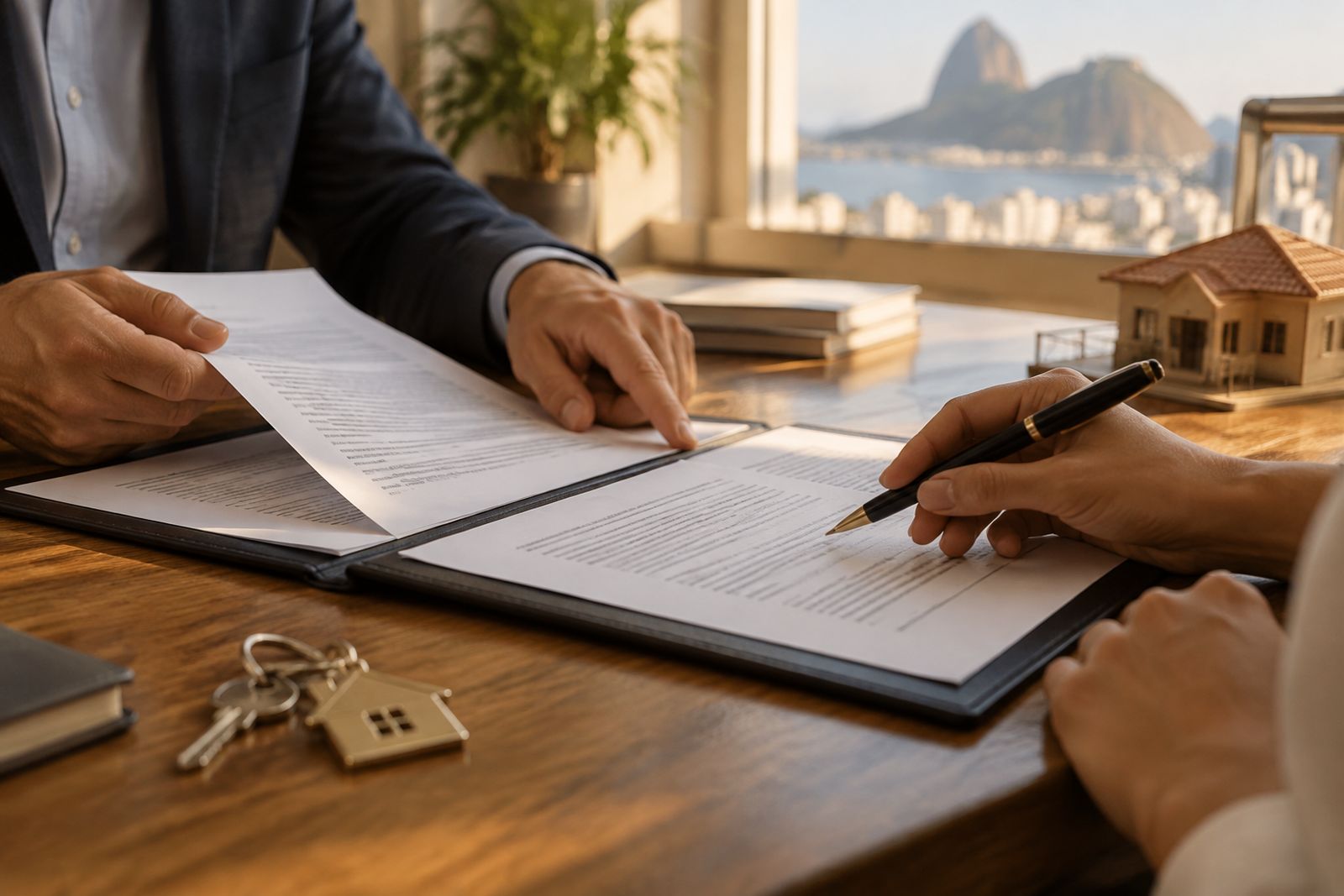 Mãos revisando documentos de compra de imóvel sobre uma mesa de madeira.