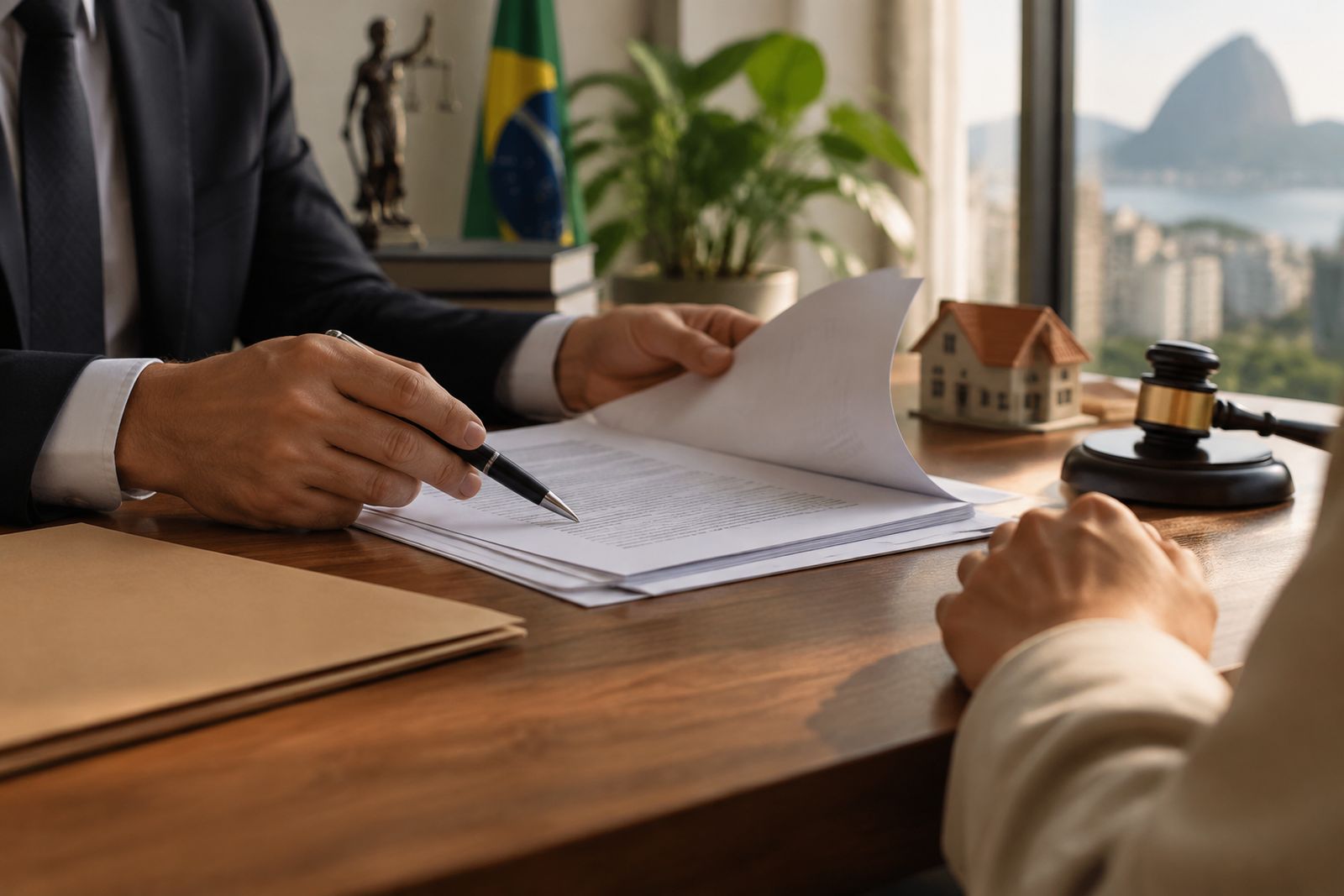 Mãos analisam documentos de um imóvel em leilão sobre uma mesa de escritório.
