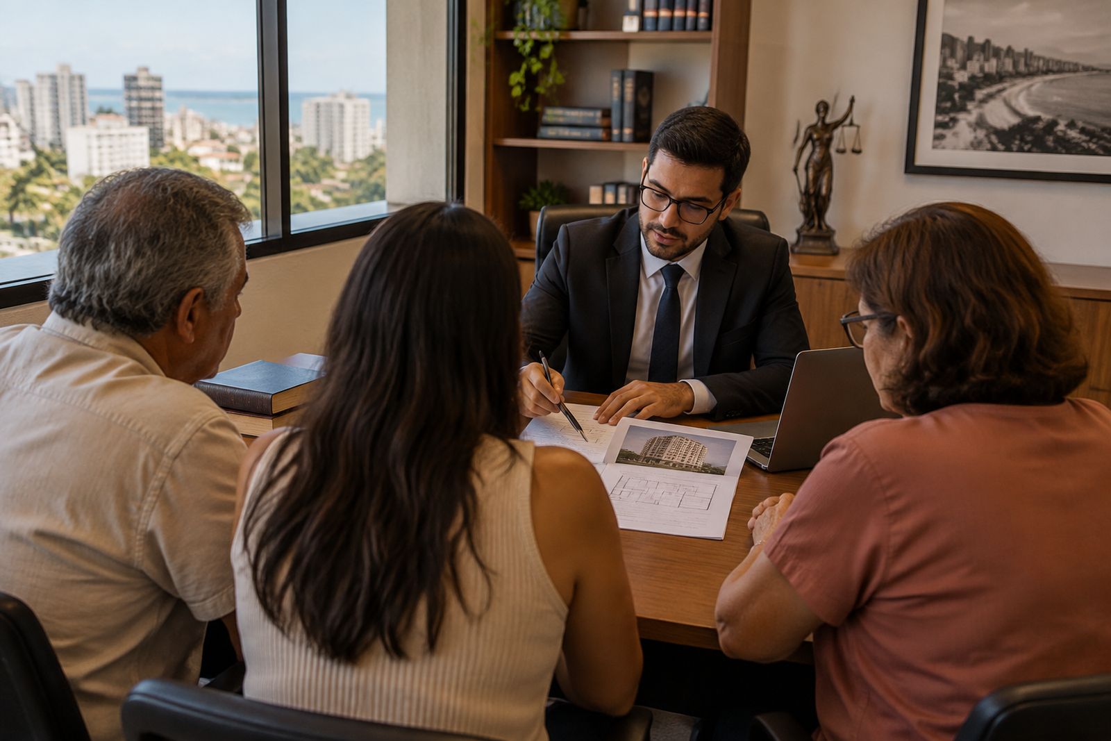 Família conversa com advogado sobre financiamento imobiliário, com documentos sobre a mesa.