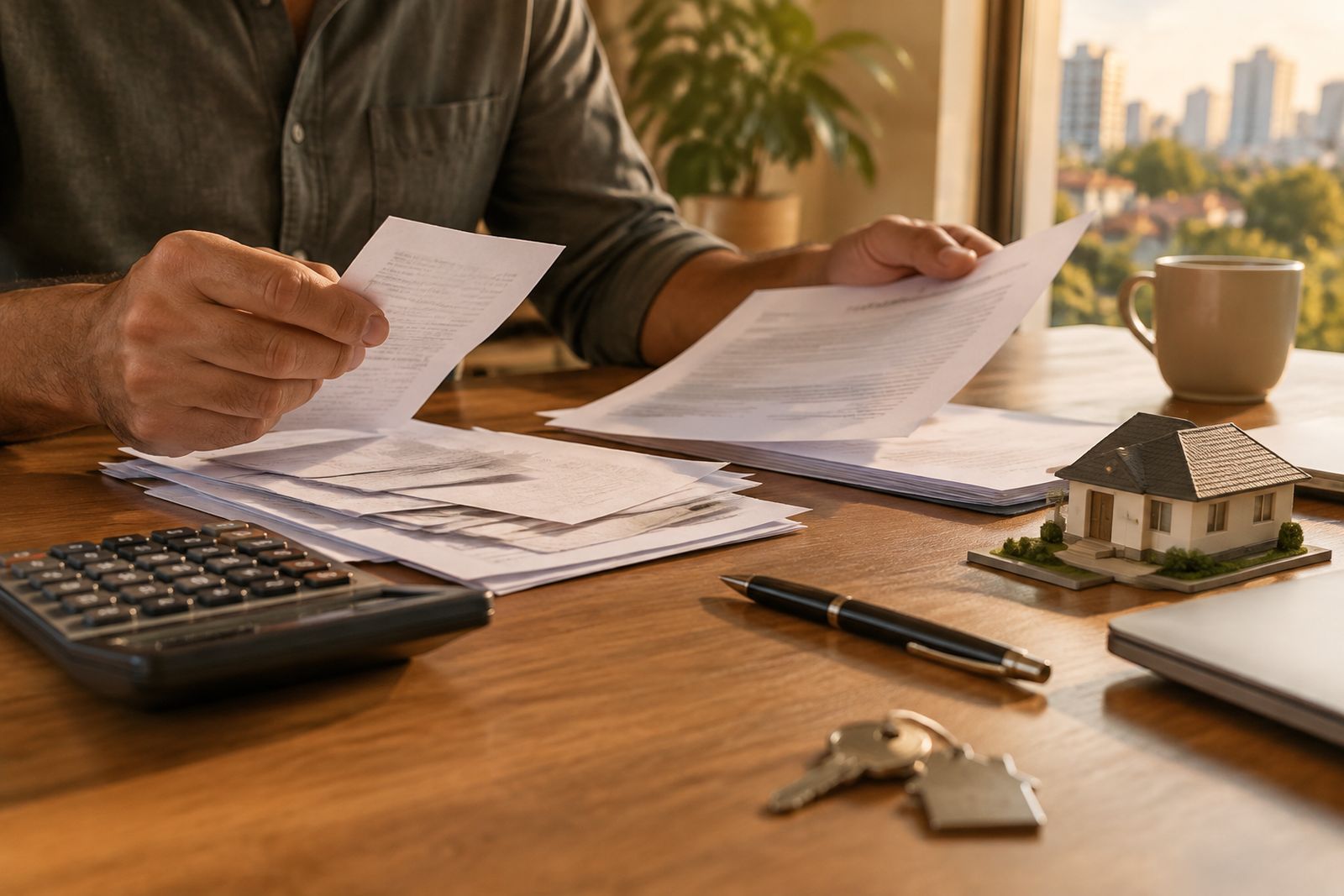 Mãos organizando contrato imobiliário e boletos separados ao lado de uma calculadora.