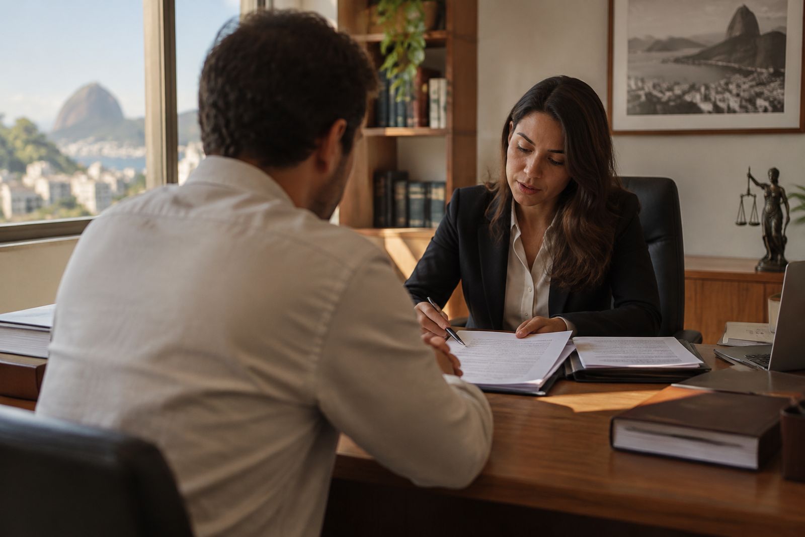 Comprador e advogado conversam sobre os cuidados antes de participar de um leilão imobiliário.