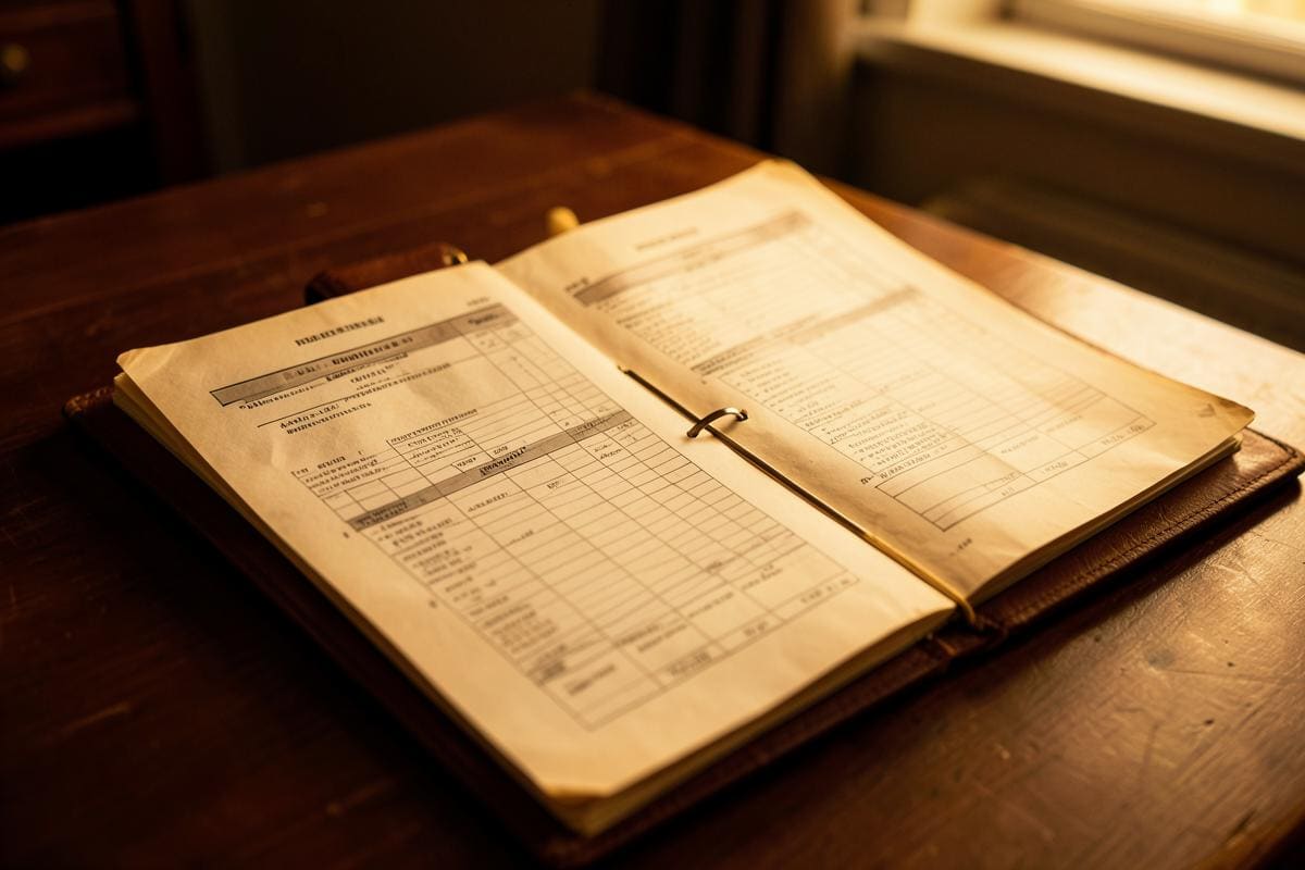 Pasta de inventário aberta sobre mesa com documentos de imóvel