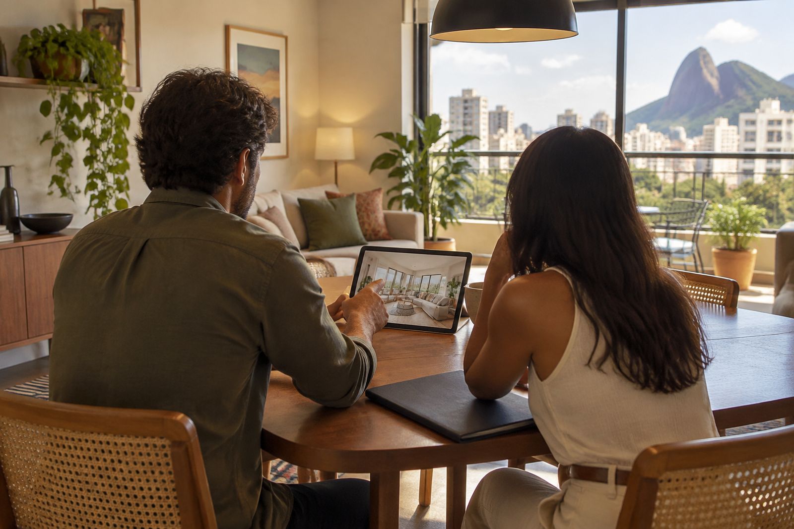 Duas pessoas conversam sobre a locação de um apartamento, com uma pasta sobre a mesa.