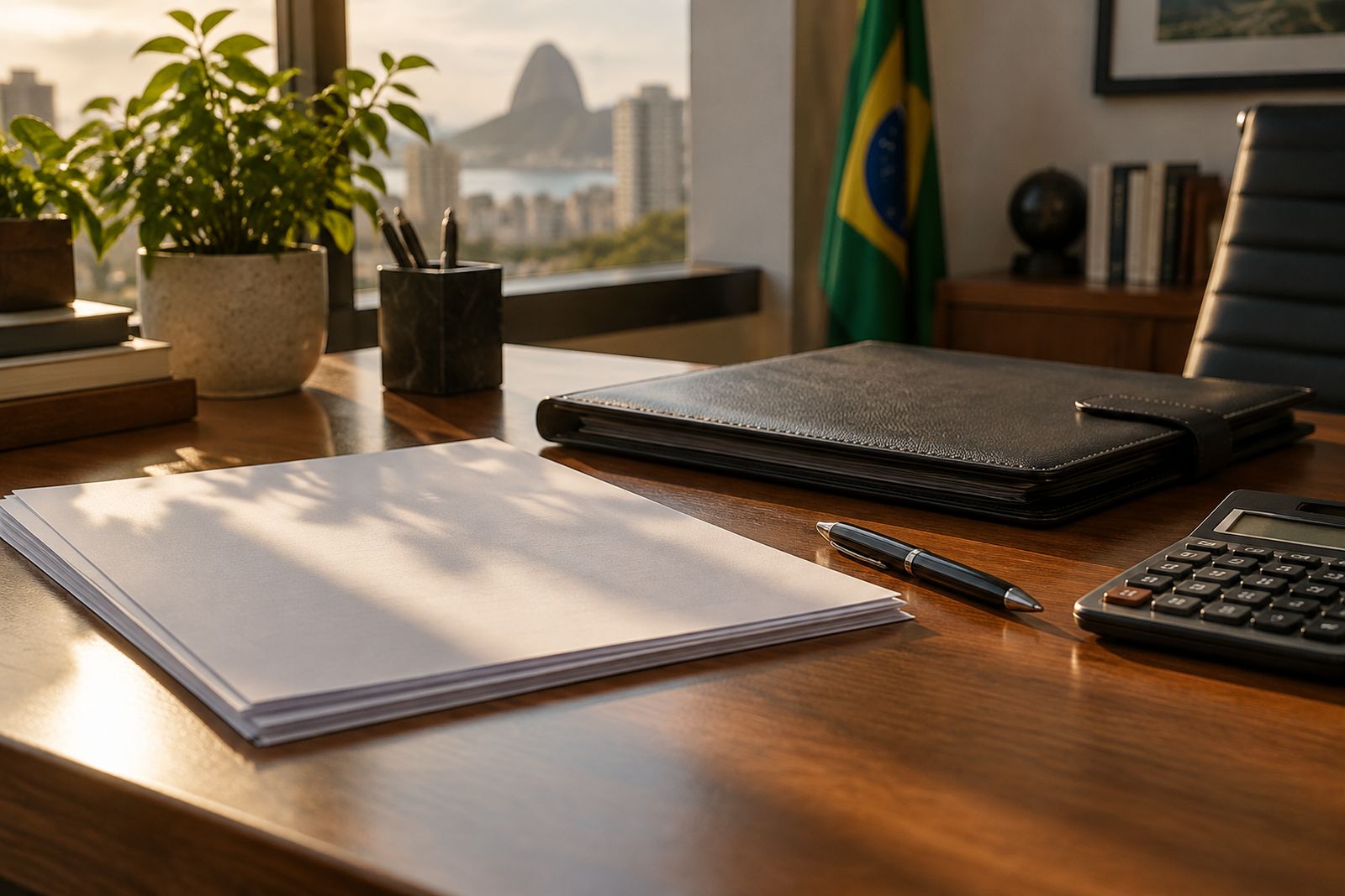 Pasta, papéis, caneta e calculadora sobre mesa para análise de distrato imobiliário.