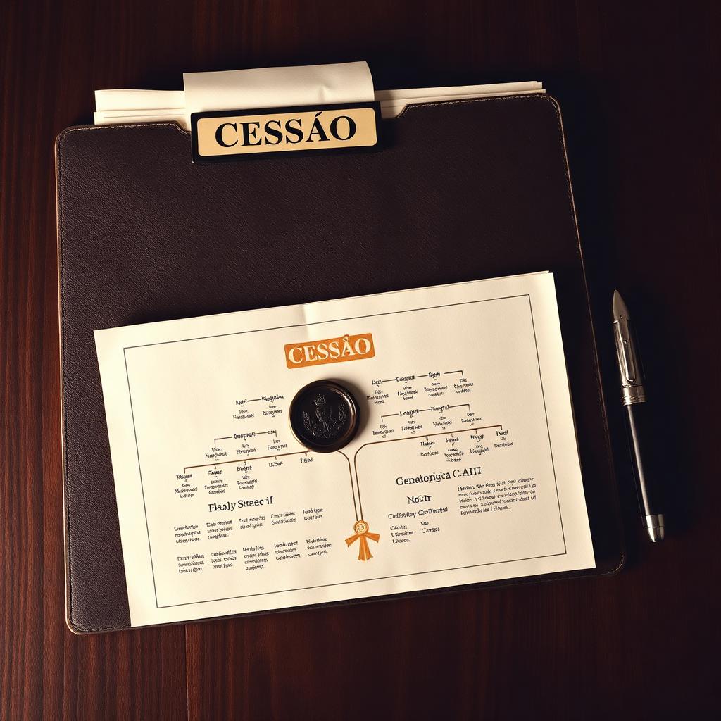 Pasta jurídica com selo notarial, caneta e árvore genealógica sobre mesa