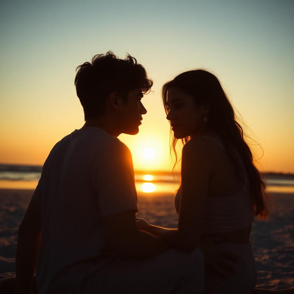 Casal jovem contemplativo sentado em praia ao pôr do sol