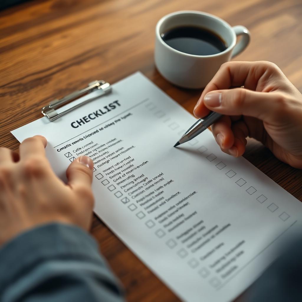 Mãos marcando itens em checklist jurídico impresso