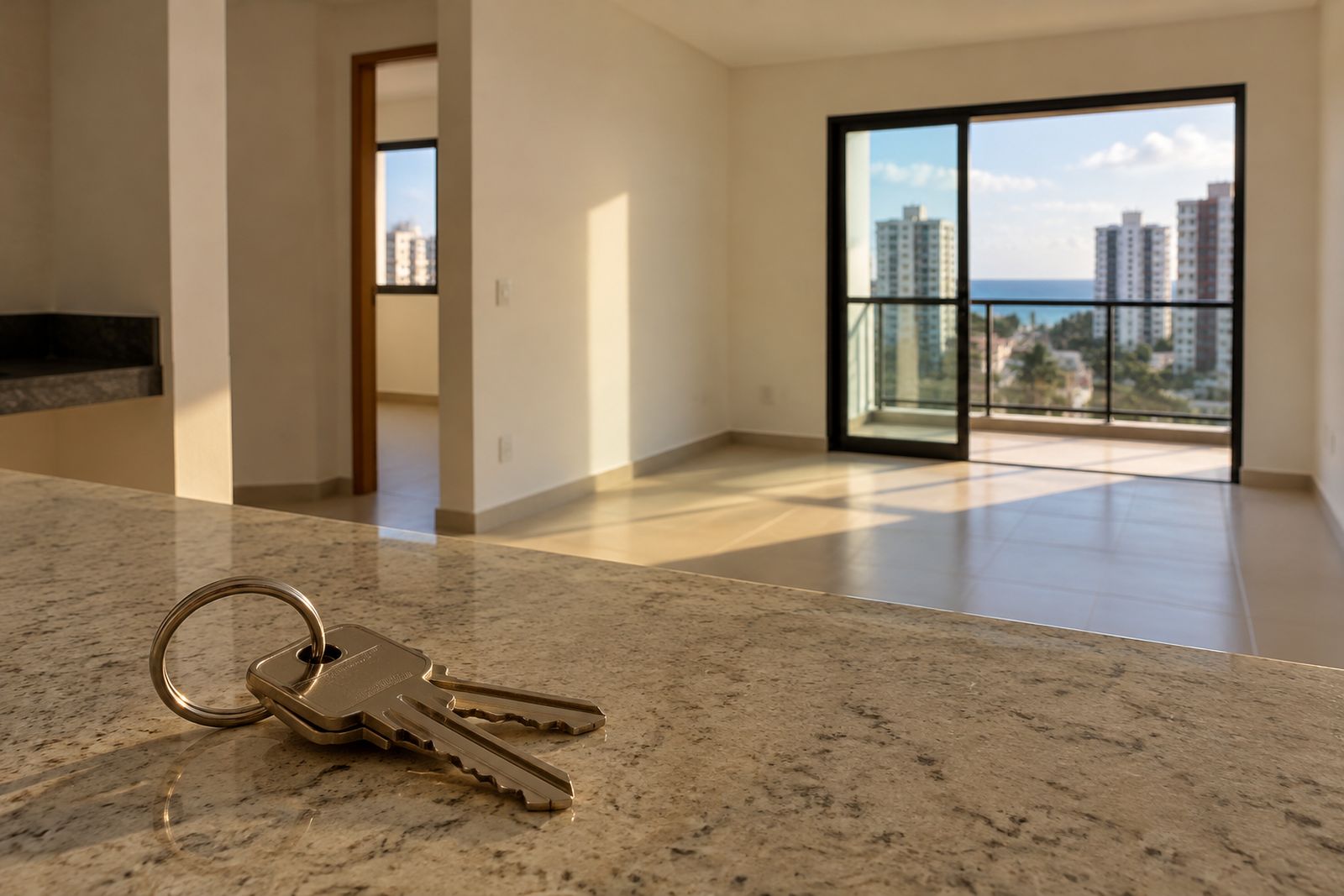 Chaves sobre bancada de apartamento novo, com prédios residenciais ao fundo.