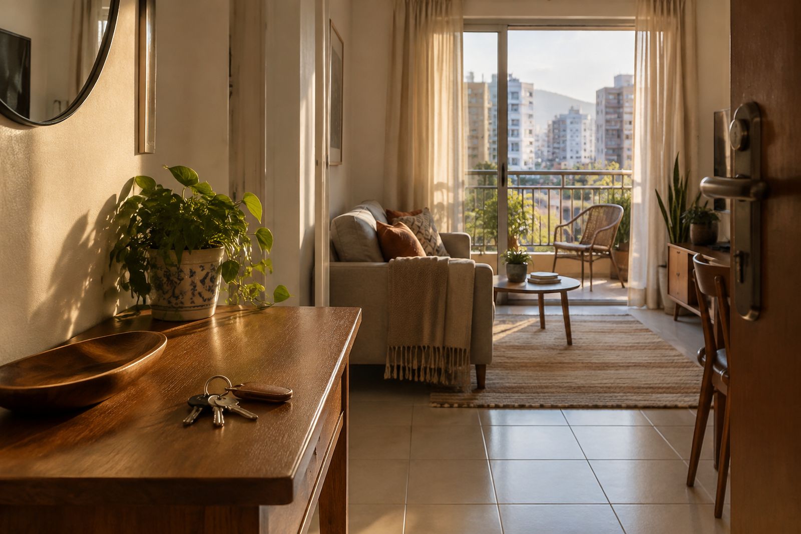 Chaves de apartamento sobre um móvel junto à entrada, com a sala ao fundo.