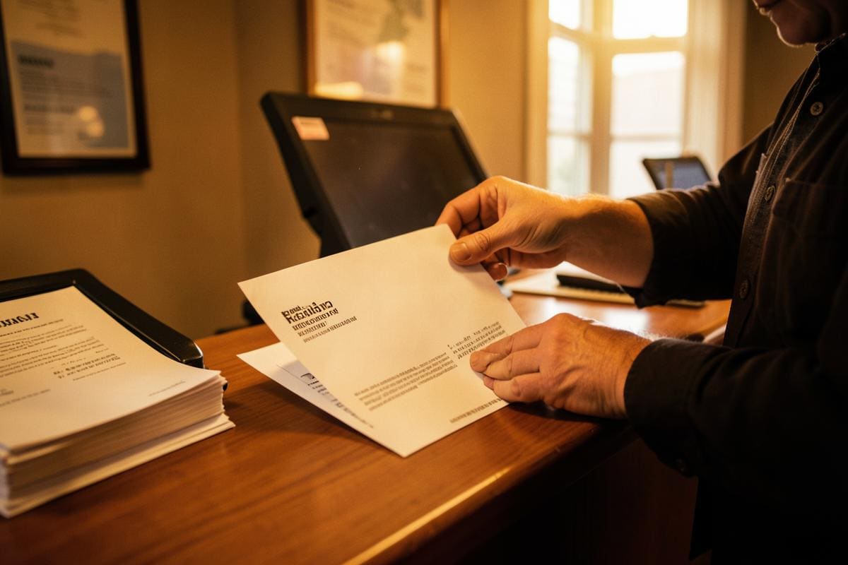 Envelope de notificação registrada sendo preparado no cartório