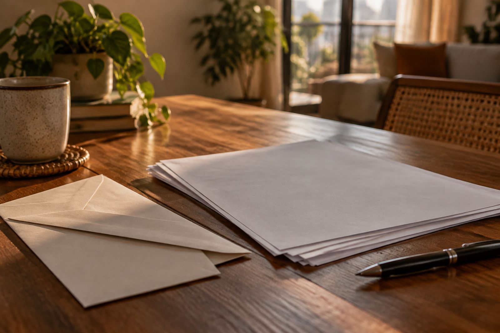 Envelopes, documentos virados para baixo e caneta sobre uma mesa de madeira.