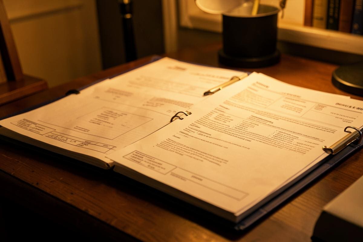 Documentos imobiliários organizados em pastas etiquetadas sobre a mesa