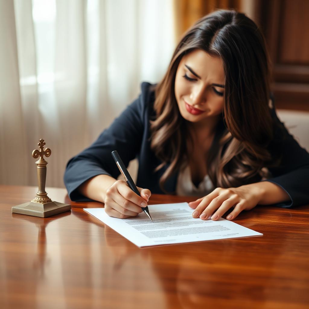 Jovem adulta brasileira assinando escritura pública em mesa de tabelião