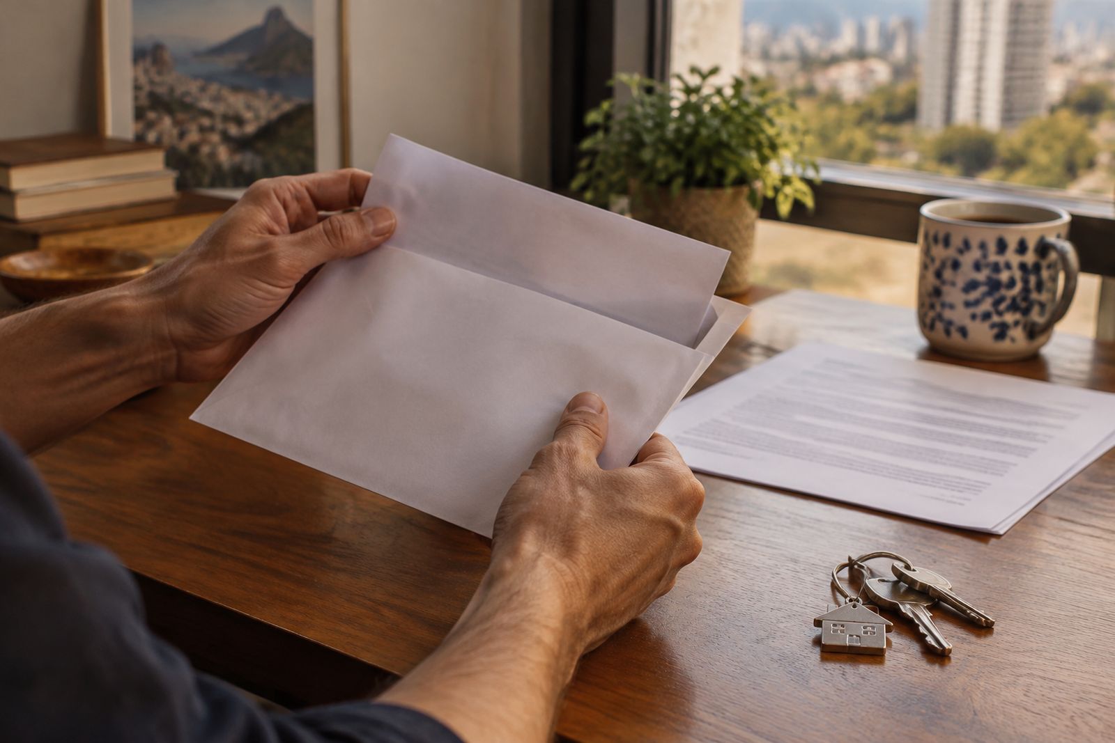 Envelope, documentos e chaves de apartamento sobre mesa de madeira.