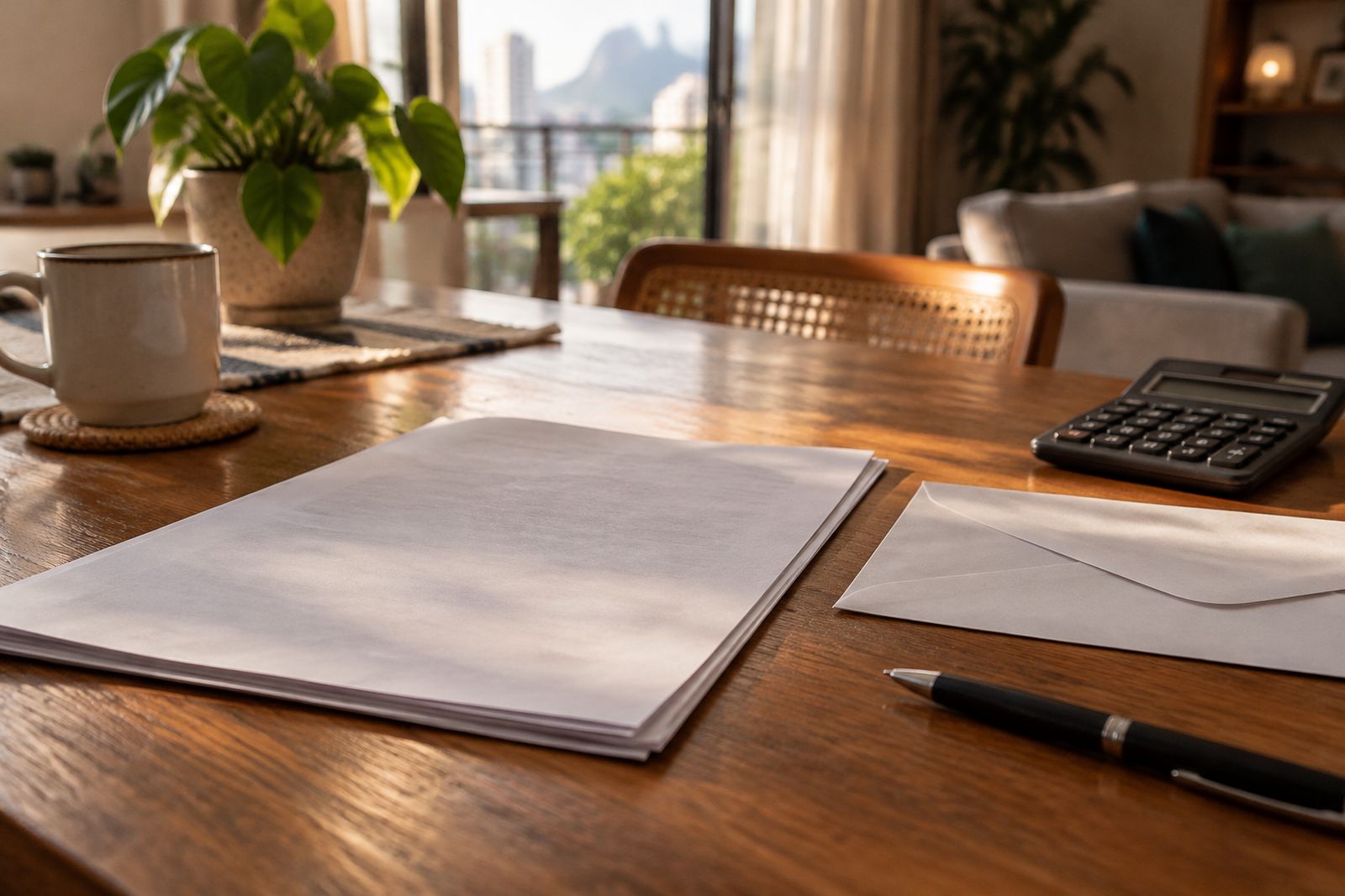 Envelope, documentos, calculadora e caneta sobre uma mesa para conferir o financiamento.