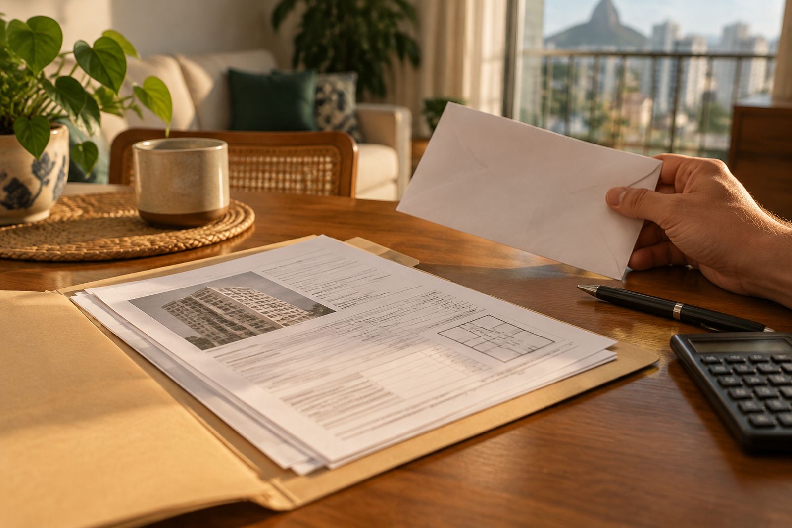 Documentos, envelope e calculadora sobre uma mesa para análise do financiamento imobiliário.