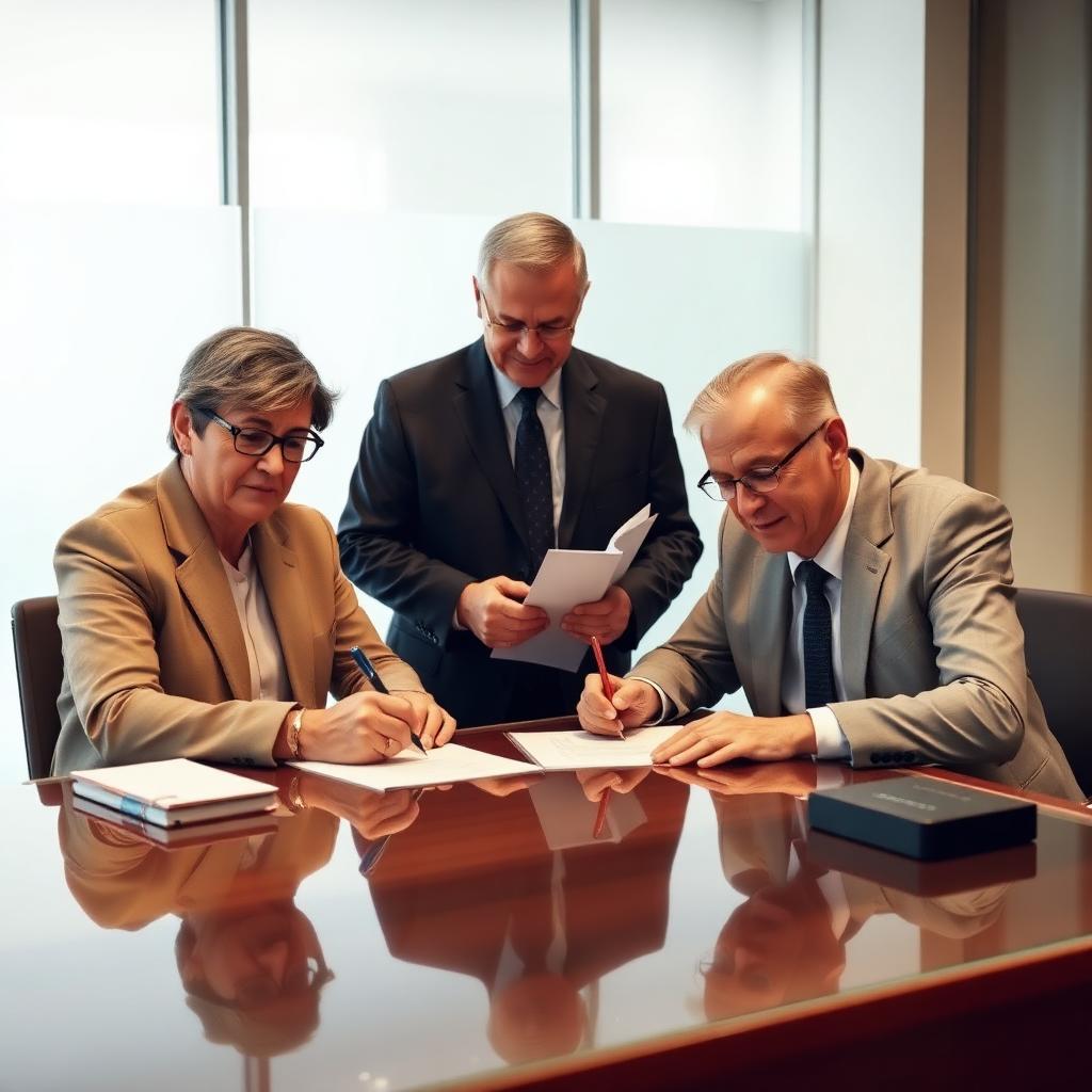 Dois adultos assinando documentos em cartório moderno com advogado