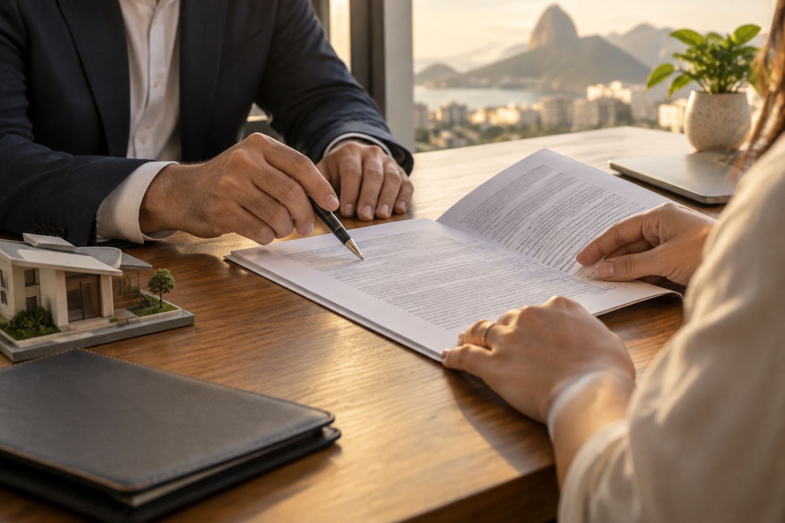 Detalhe de mãos examinando documentos de financiamento imobiliário sobre uma mesa.