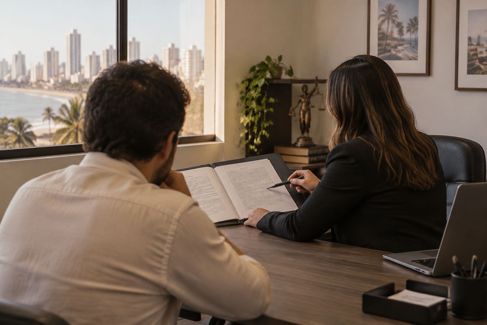 Cliente e advogado conversam sobre distrato imobiliário em escritório.