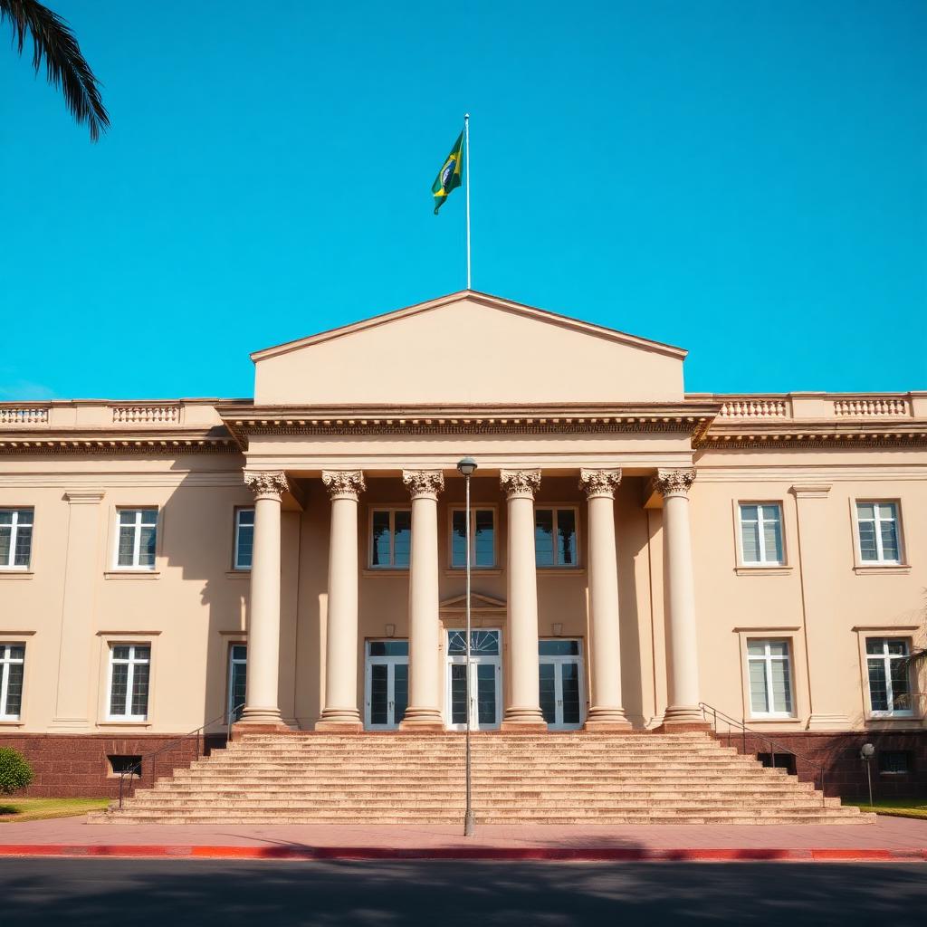Fachada de prédio governamental com colunas e bandeira do Brasil em céu azul