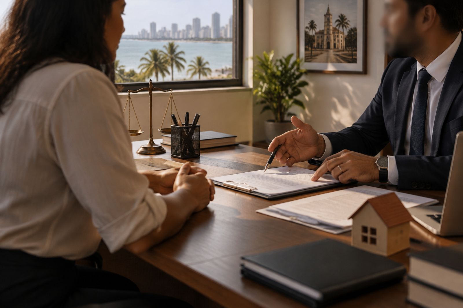 Cliente conversa com advogado sobre documentos e prazos do financiamento imobiliário.