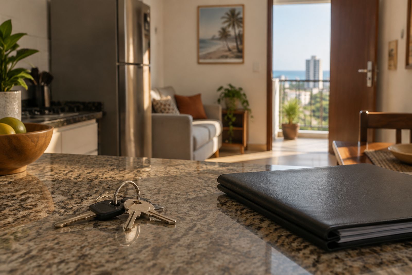 Chaves de apartamento ao lado de uma pasta fechada, com a entrada do imóvel ao fundo.