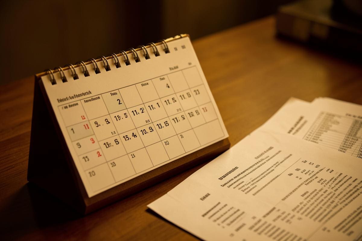 Calendário de mesa com prazos marcados ao lado de documentos jurídicos