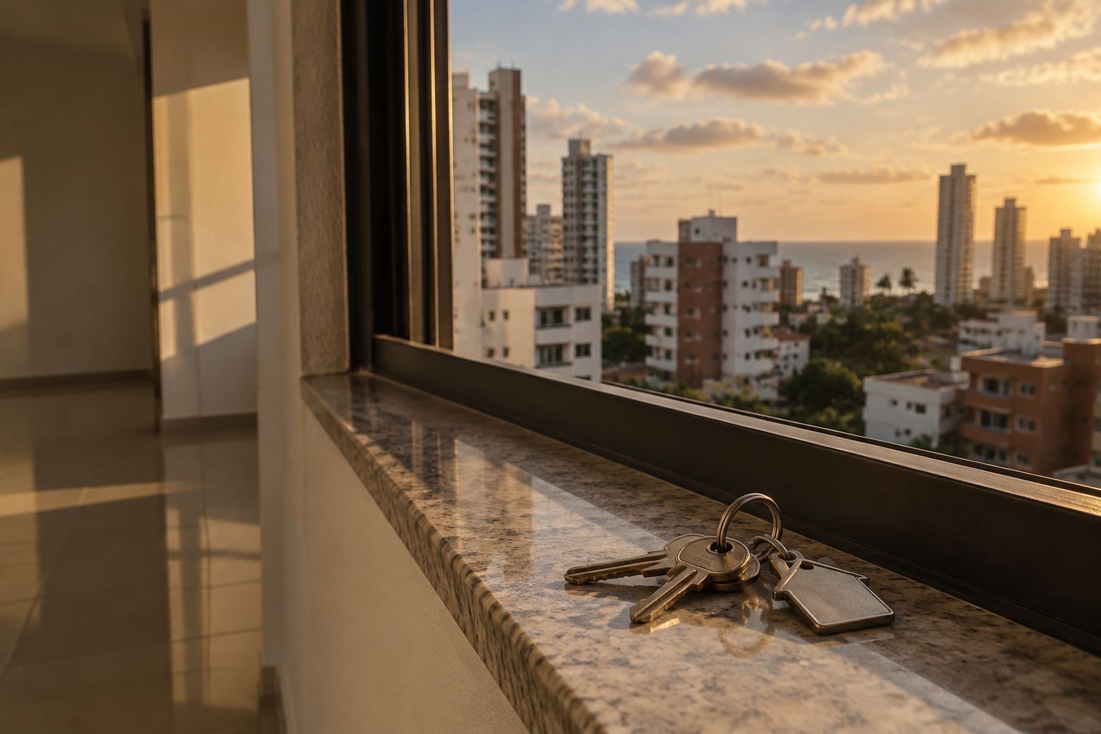Chaves sobre o peitoril de uma janela em apartamento vazio, com prédios residenciais ao fundo.