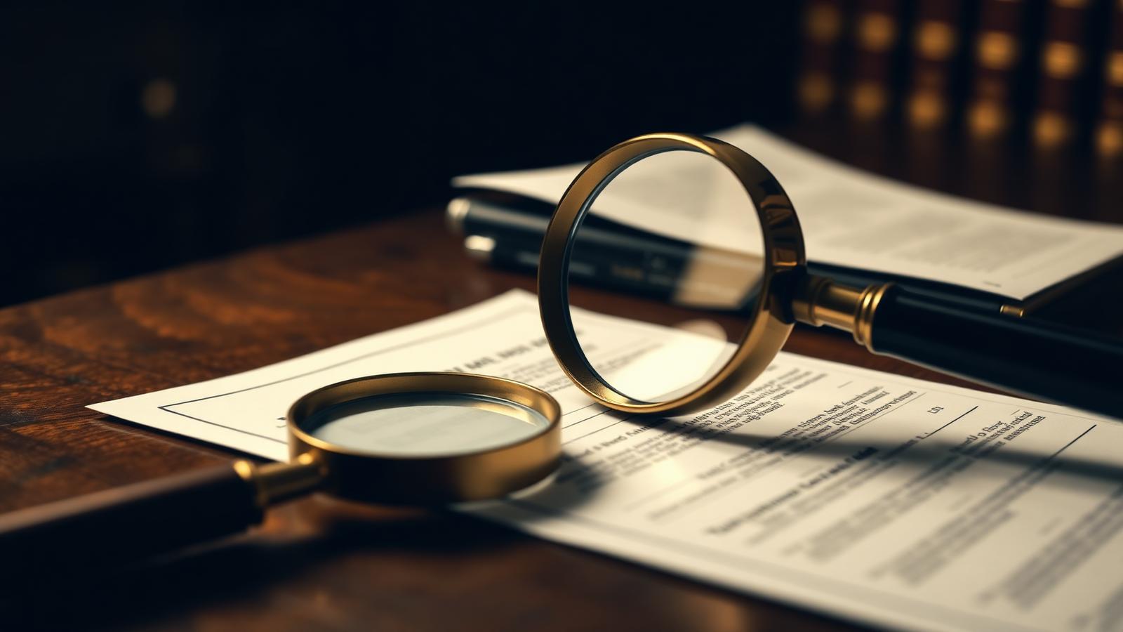 Lupa examinando cláusula de testamento em papel envelhecido, sugerindo interpretação jurídica