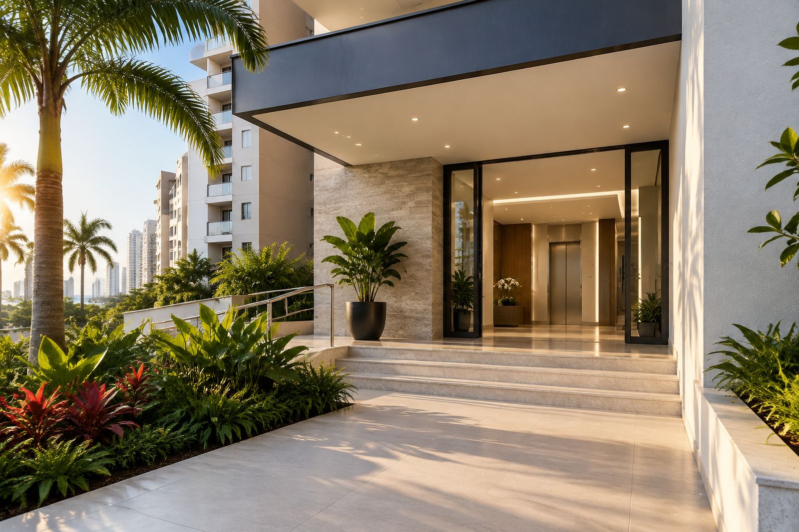 Entrada de condomínio residencial com fachada pintada, jardim e elevadores ao fundo.