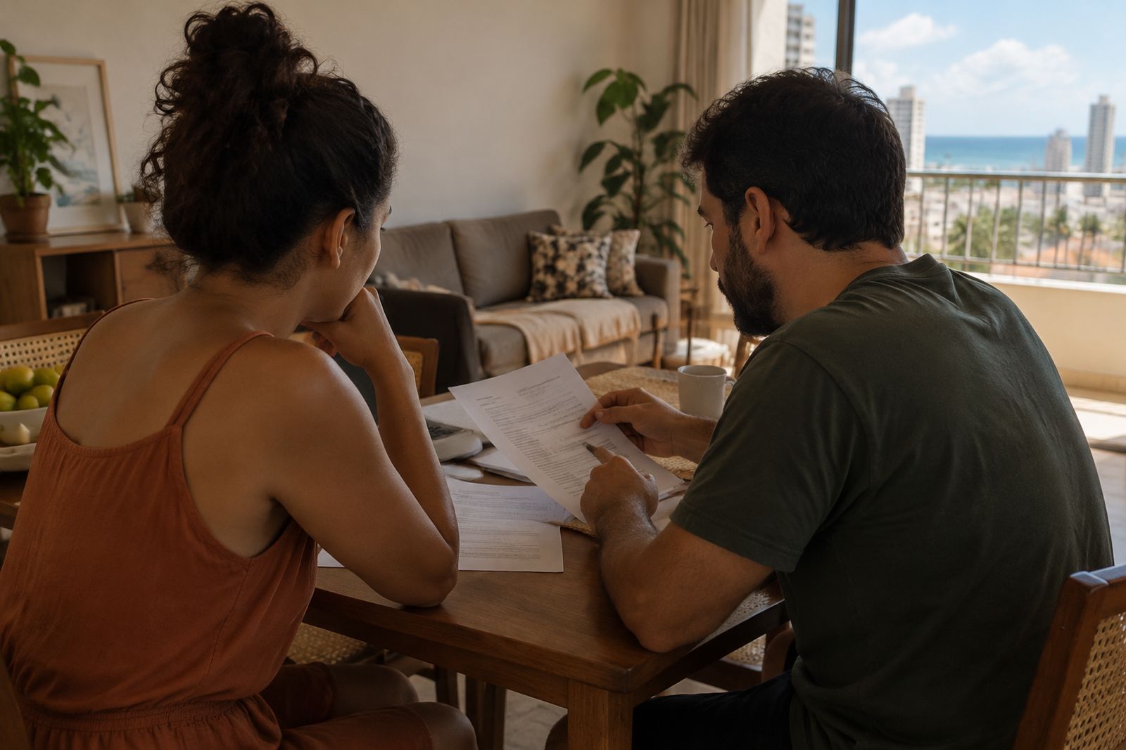 Duas pessoas conversam à mesa sobre as condições de um contrato de locação.