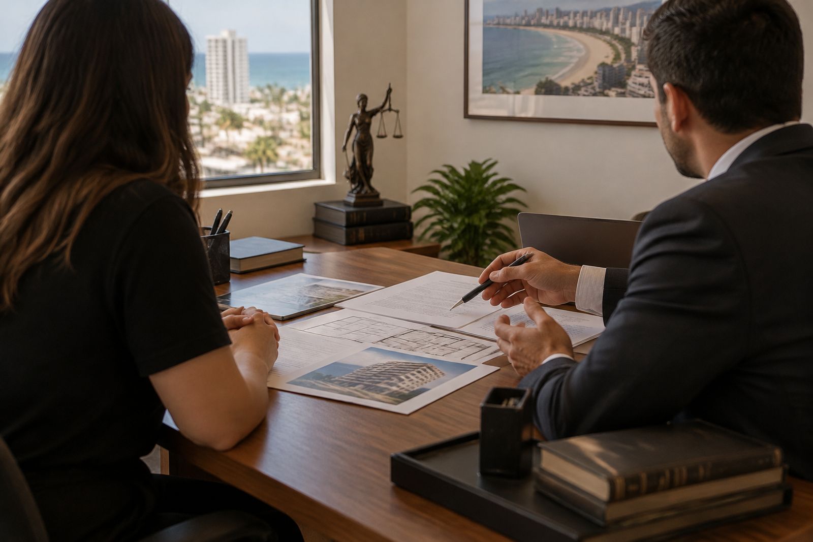 Cliente e advogado conversam sobre documentos de compra de apartamento em escritório.