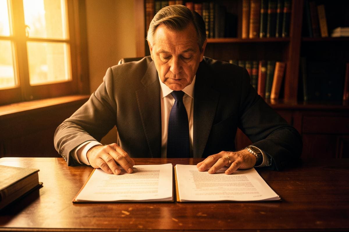 Advogado comparando contrato e matrícula lado a lado sobre a mesa