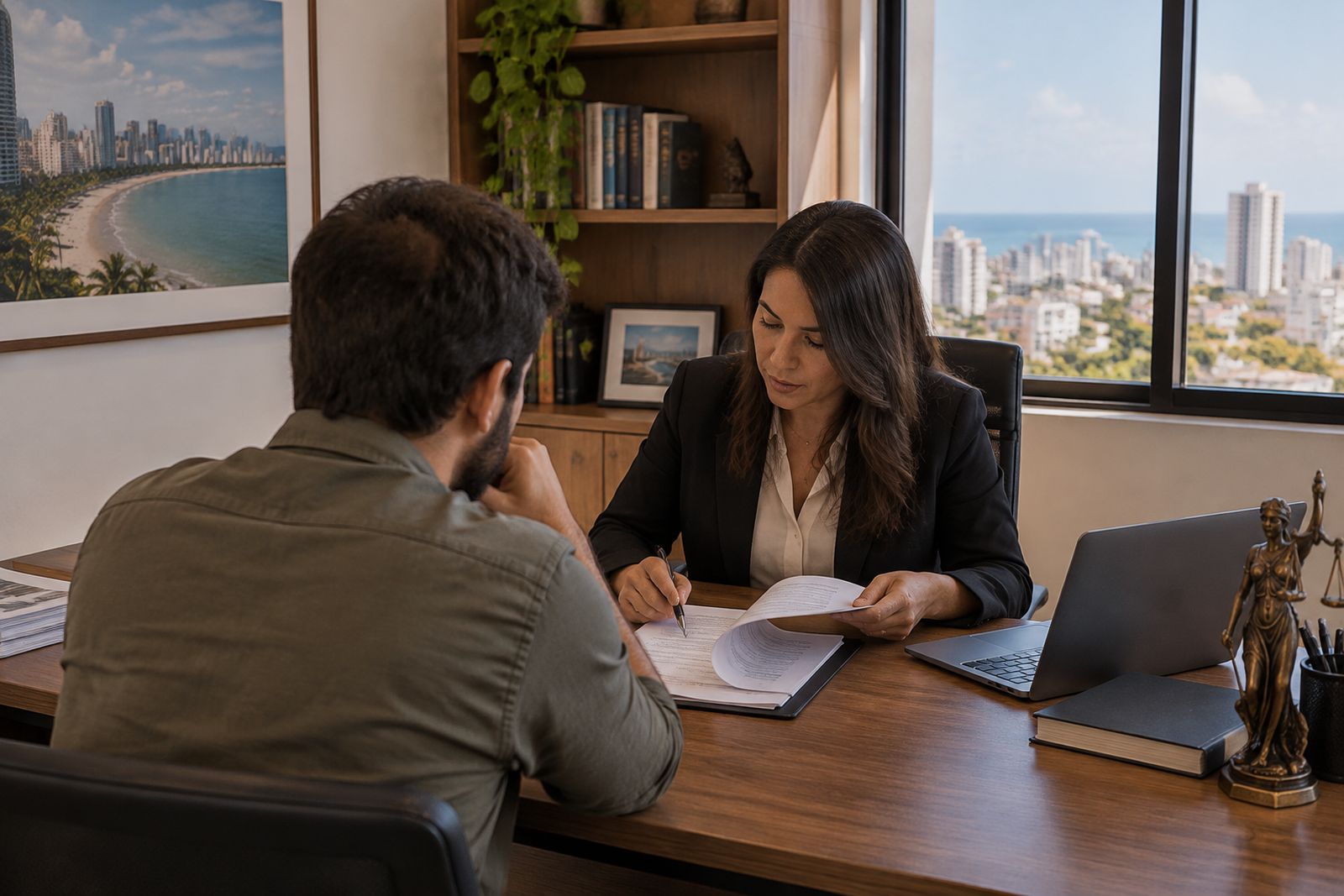 Compradora conversa com profissional sobre documentos de distrato em escritório.
