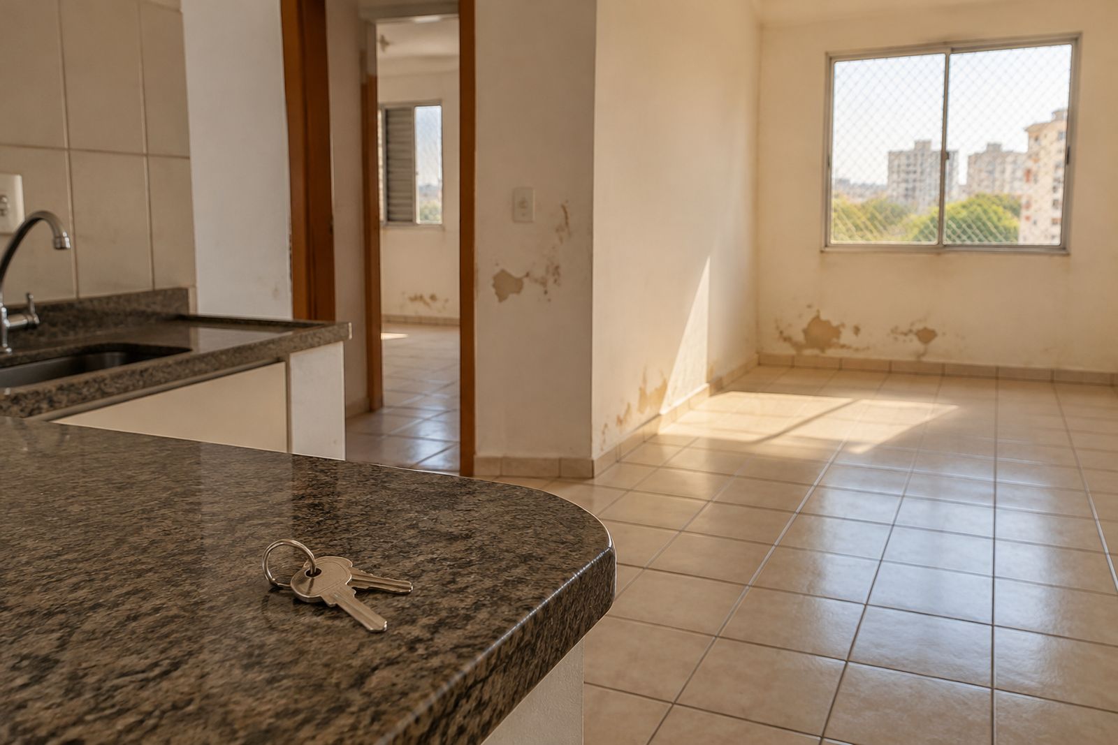 Chaves sobre bancada de apartamento vazio com sinais de desgaste e necessidade de reparos.