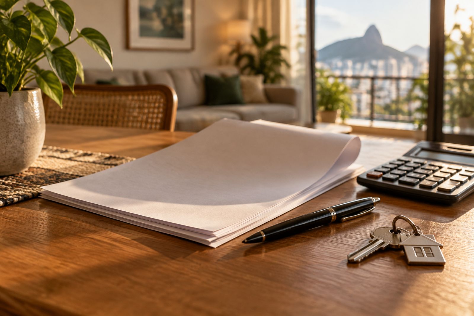 Documentos, calculadora, caneta e chaves sobre mesa para análise de contrato de compra de imóvel.