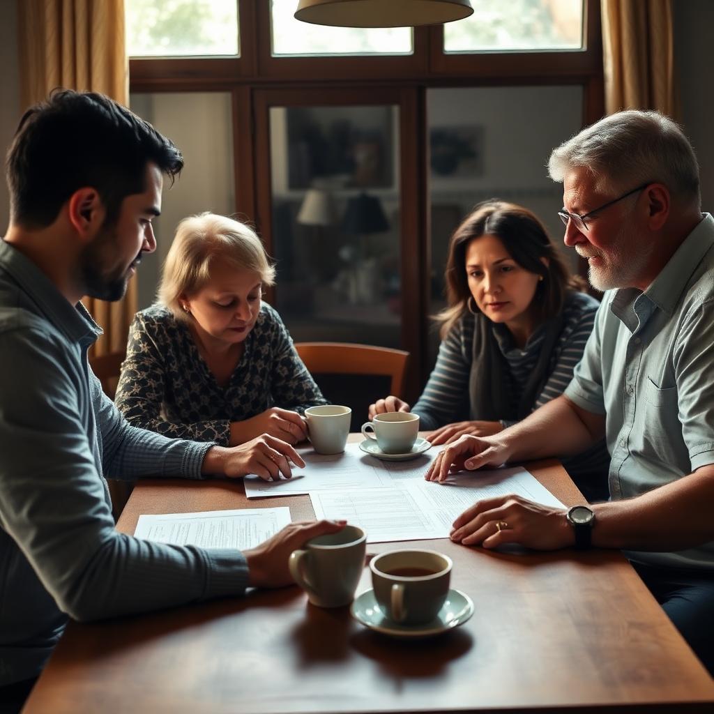 Família brasileira reunida à mesa revisando documentos de inventário