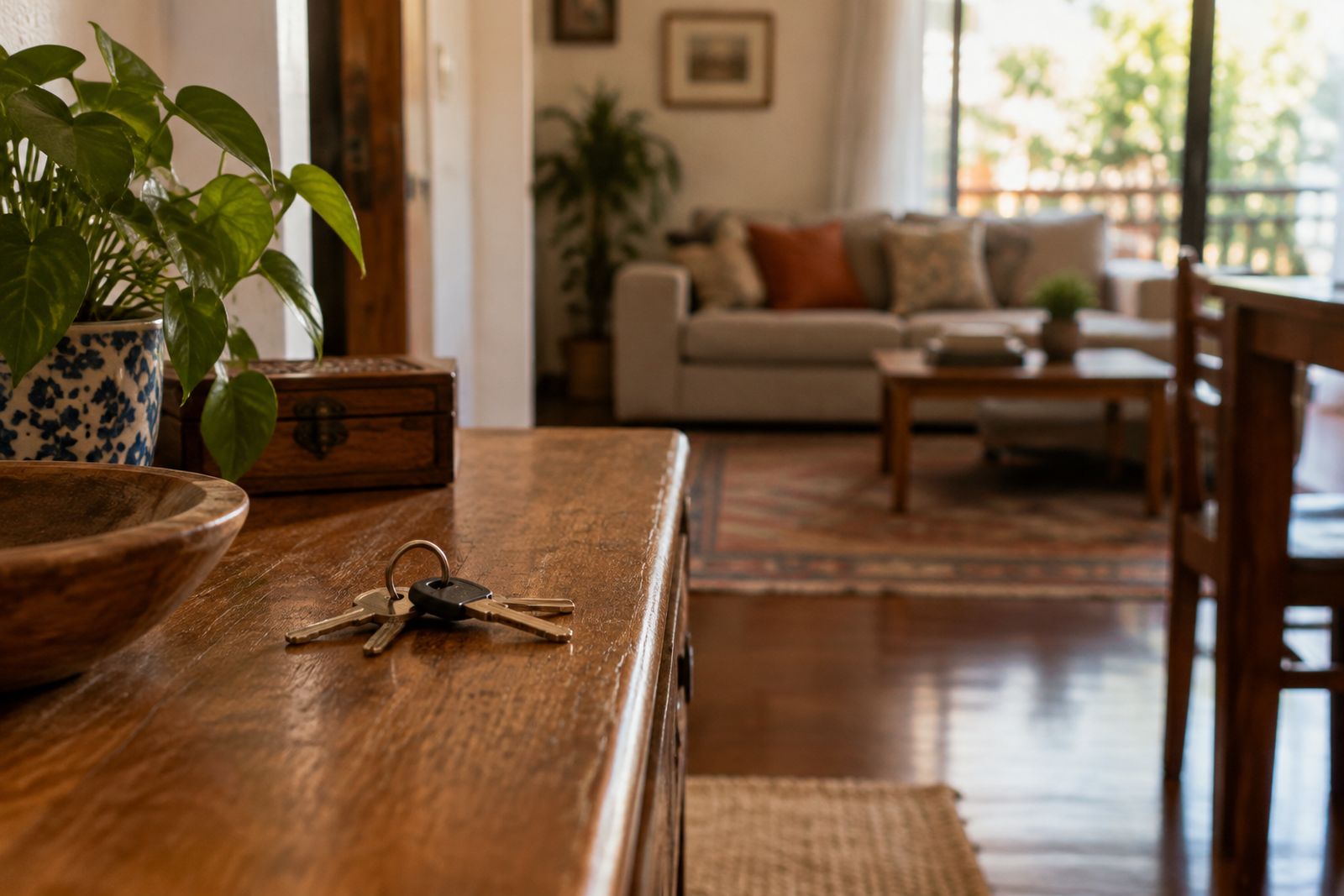 Chaves sobre mesa de entrada de uma casa, com sala de estar desfocada ao fundo.