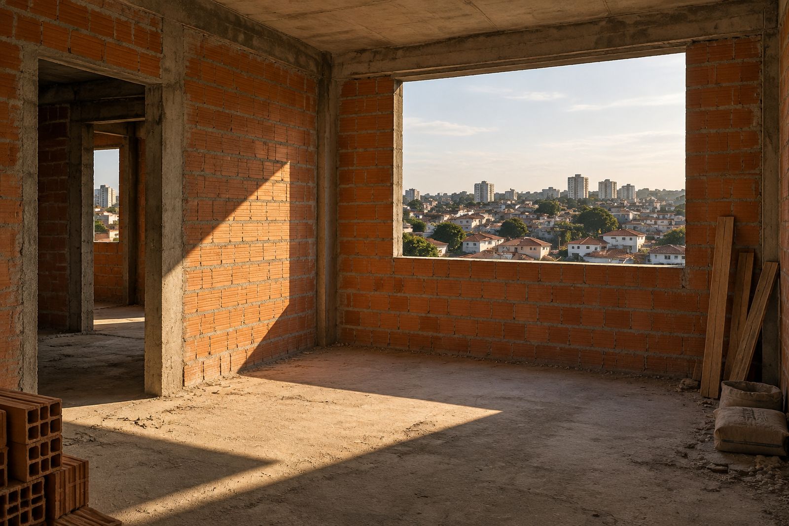 Interior de apartamento inacabado, com paredes de tijolos e abertura de janela sem esquadria.