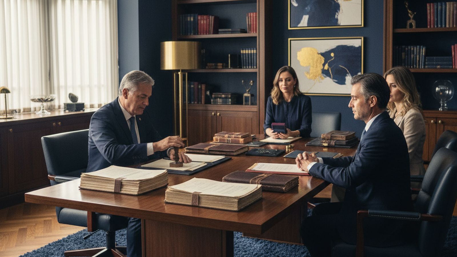 Detalhe de documentos jurídicos — tabelião conferindo documentos do inventário