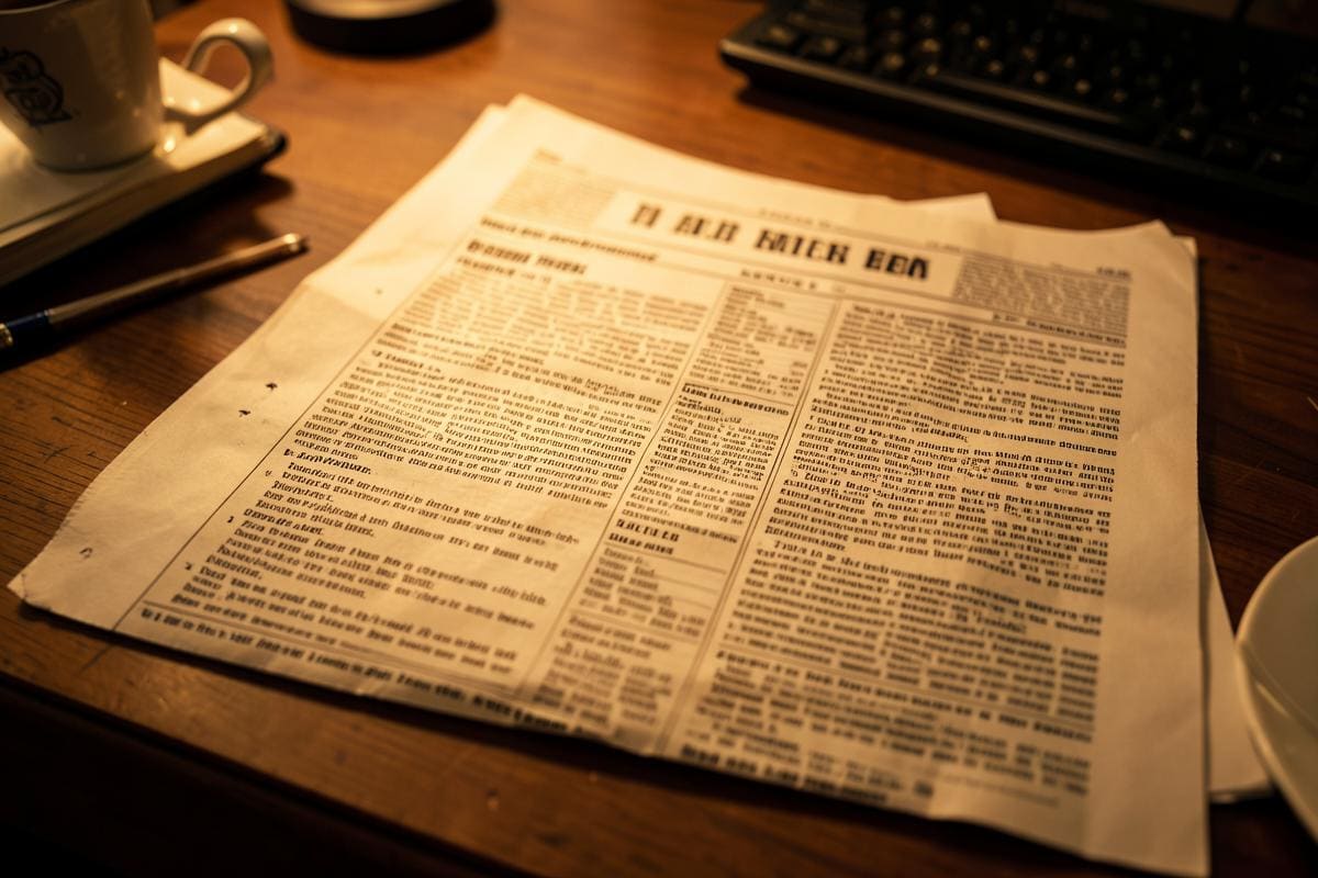 Publicação de edital em jornal impresso sobre mesa de escritório
