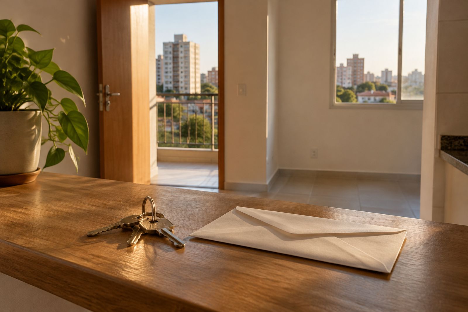 Chaves e envelope sobre uma bancada em apartamento vazio, com prédios residenciais ao fundo.