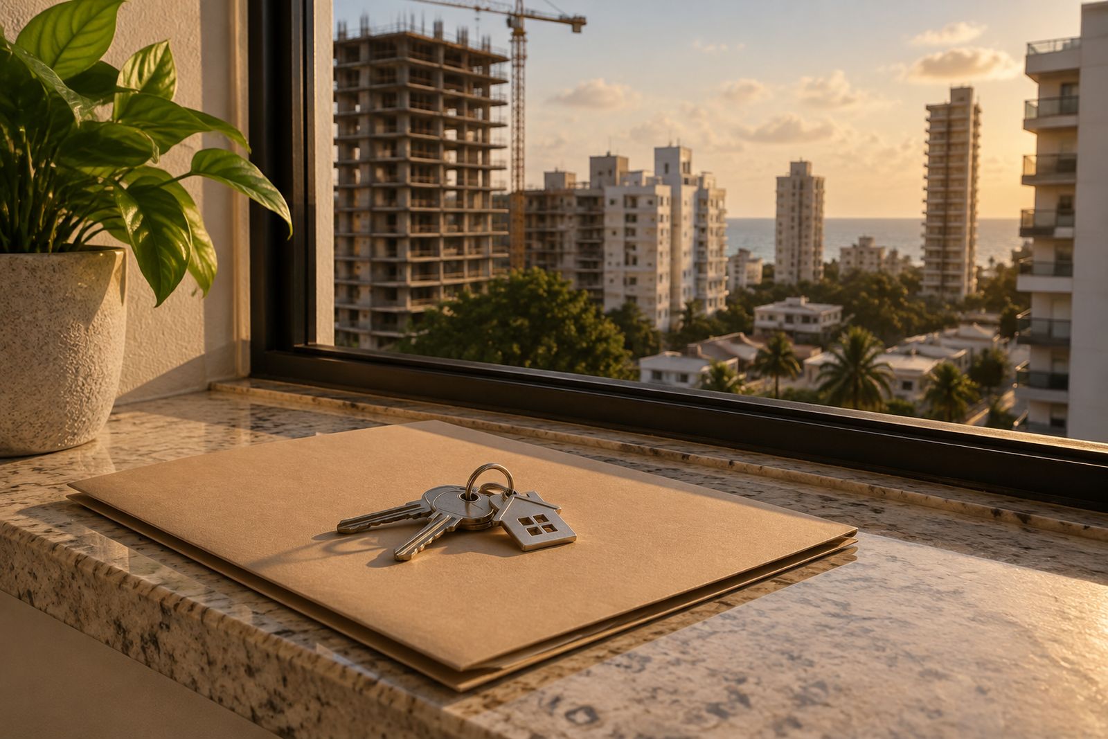Chaves sobre uma pasta junto à janela, com edifícios residenciais em construção ao fundo.
