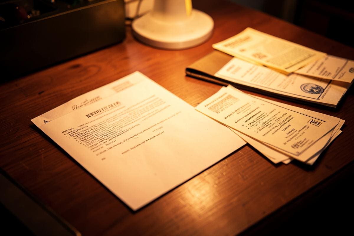 Mesa com contrato, recibos e certidões prontos para protocolo